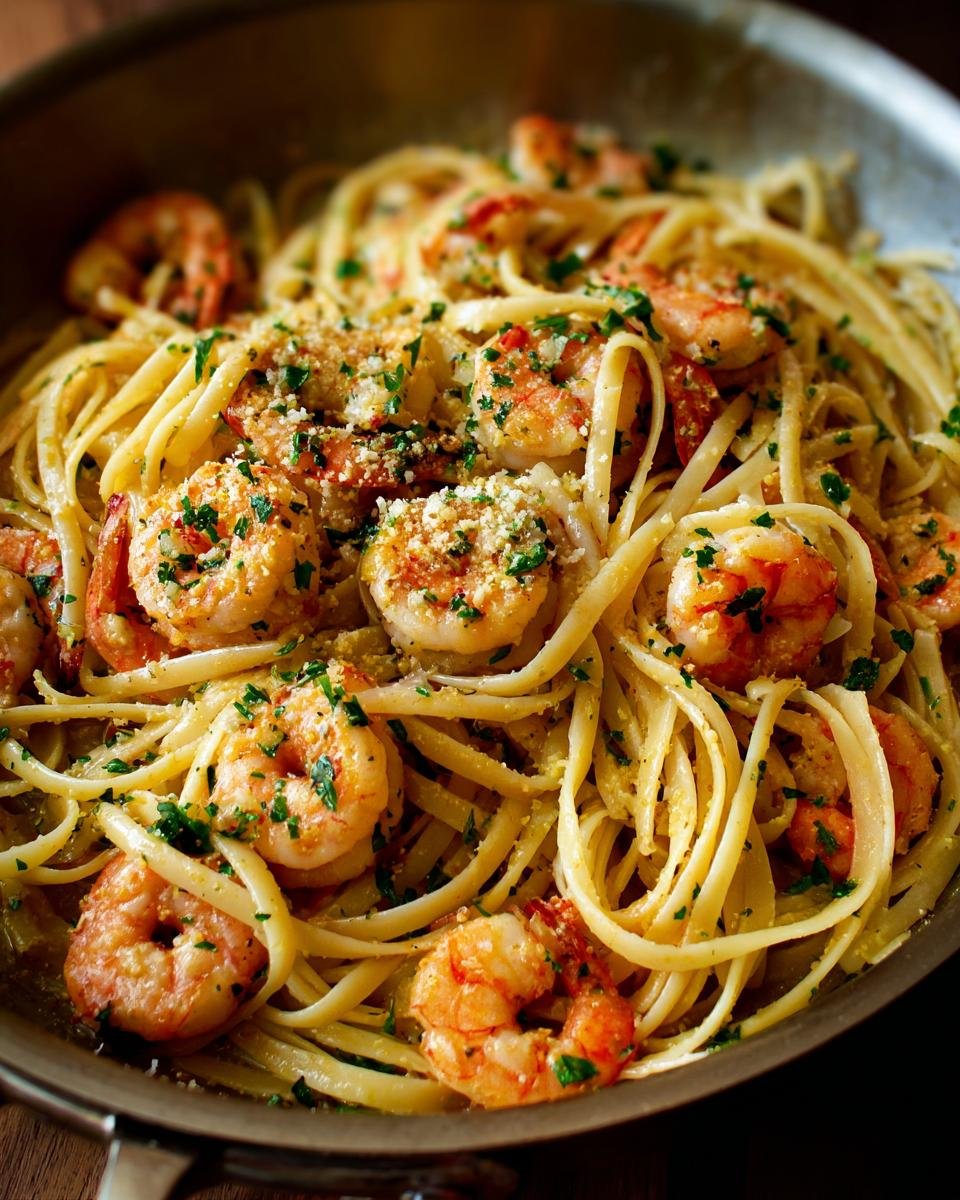 A close-up of Delicious Lemon Garlic Shrimp Pasta, featuring linguine, plump shrimp, and fresh parsley.