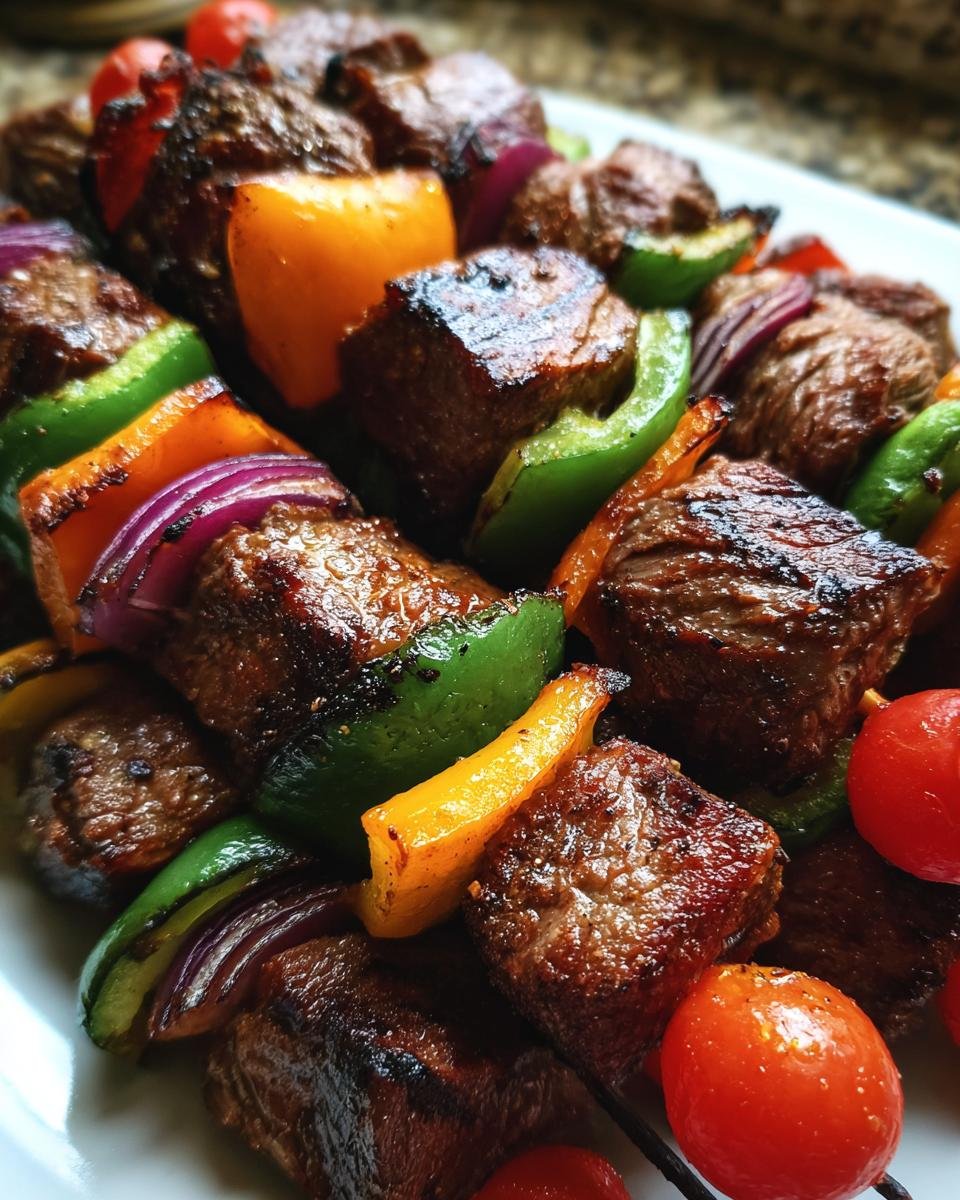 A close-up of Delicious Memorial Day Steak Kabobs with grilled bell peppers, red onion, and cherry tomatoes.