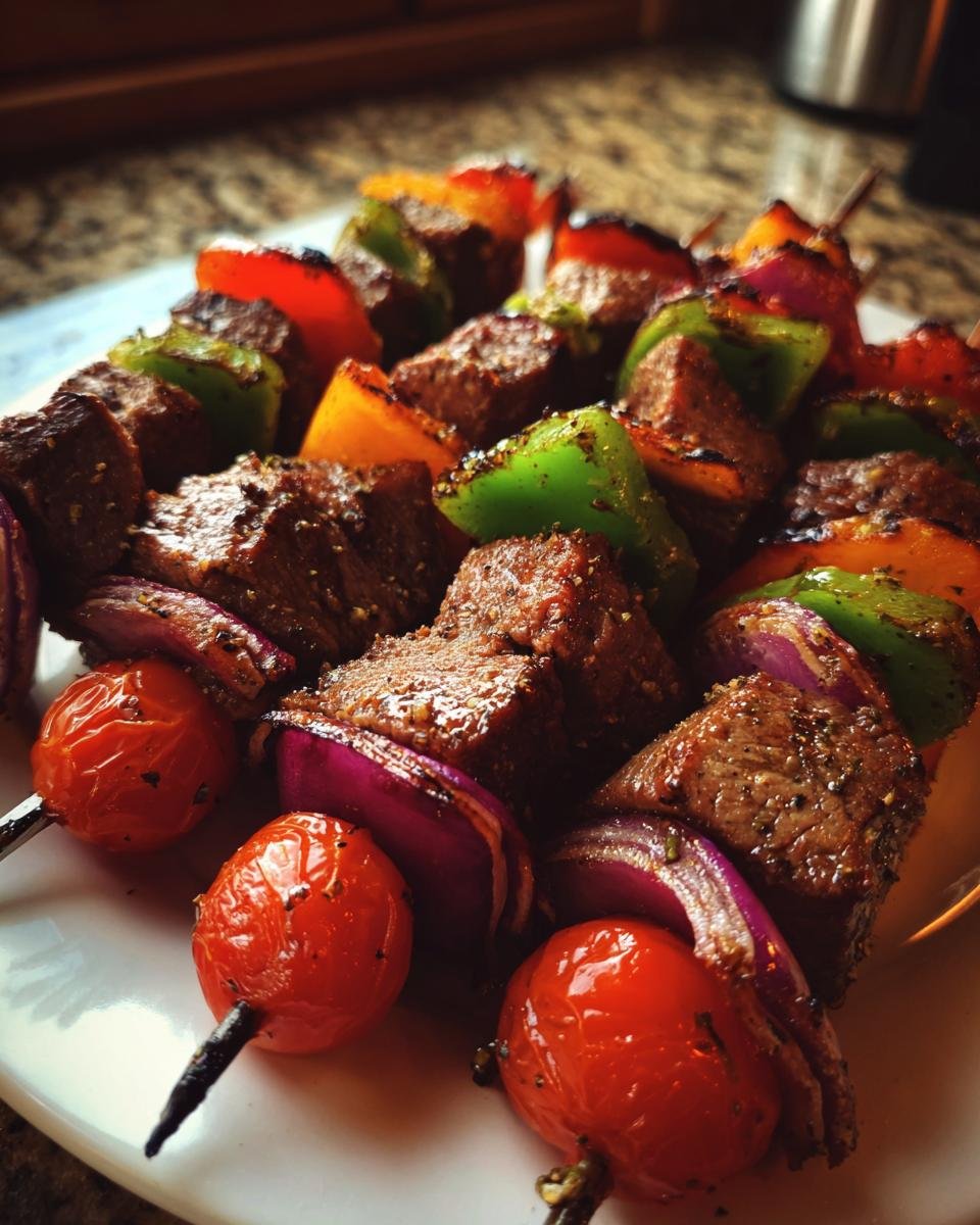 Close-up of Delicious Memorial Day Steak Kabobs with grilled steak, cherry tomatoes, red onion, and bell peppers.