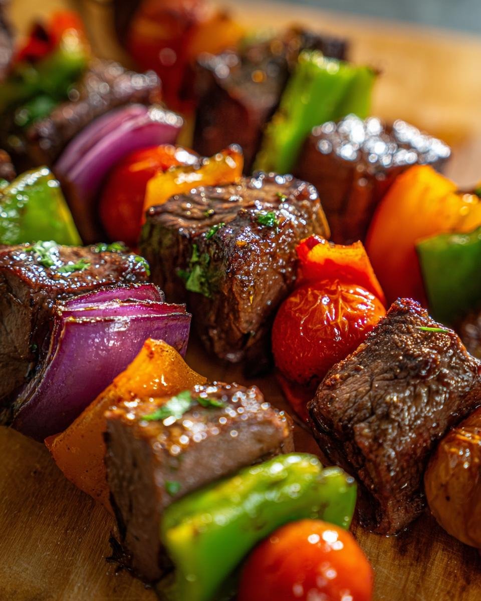 Close-up of Delicious Memorial Day Steak Kabobs grilled to perfection with colorful vegetables like red onion, bell peppers, and tomatoes.