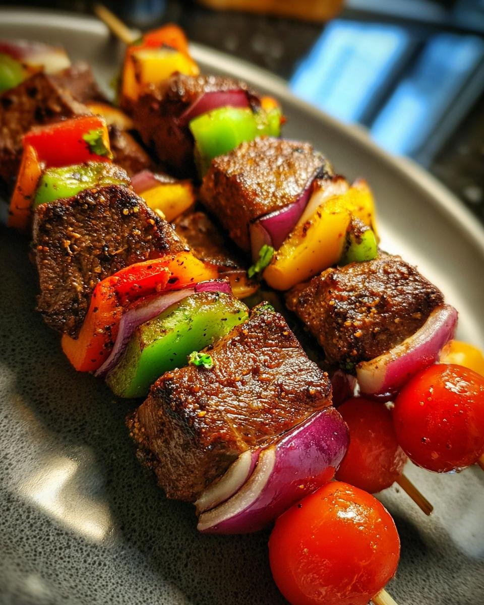 Close-up of Delicious Memorial Day Steak Kabobs with grilled steak, bell peppers, red onion, and cherry tomatoes.
