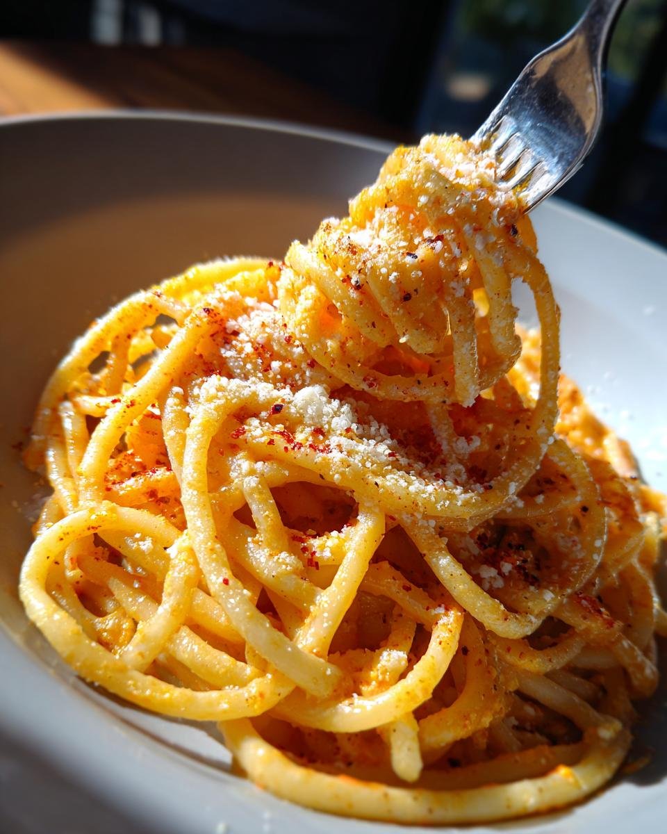 A fork twirls a portion of spaghetti pasta coated in a creamy orange sauce, topped with grated cheese and red pepper flakes.