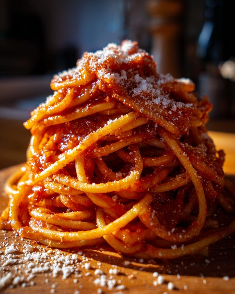 Close-up of a generous portion of spaghetti with rich tomato sauce, sprinkled with grated cheese.