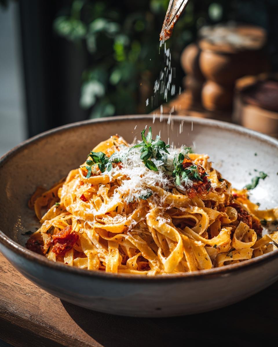 A close-up of a delicious pasta dish being topped with grated parmesan cheese and fresh herbs.