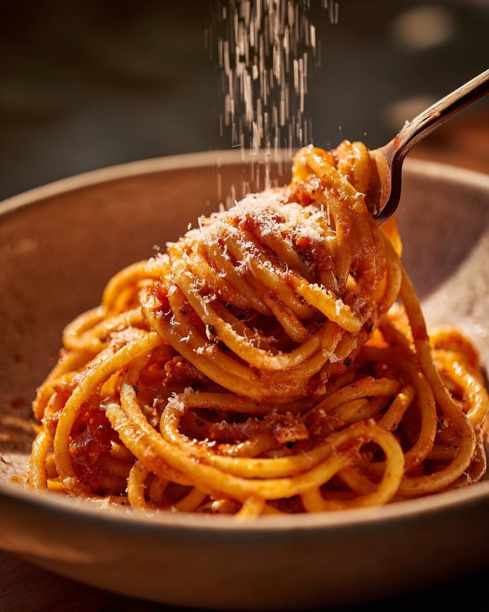 A fork twirling spaghetti coated in rich tomato sauce, with grated Parmesan cheese being sprinkled on top.