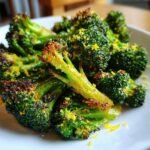Close-up of Delicious Roasted Broccoli With Lemon Parmesan, showing crispy florets and stems sprinkled with zest.