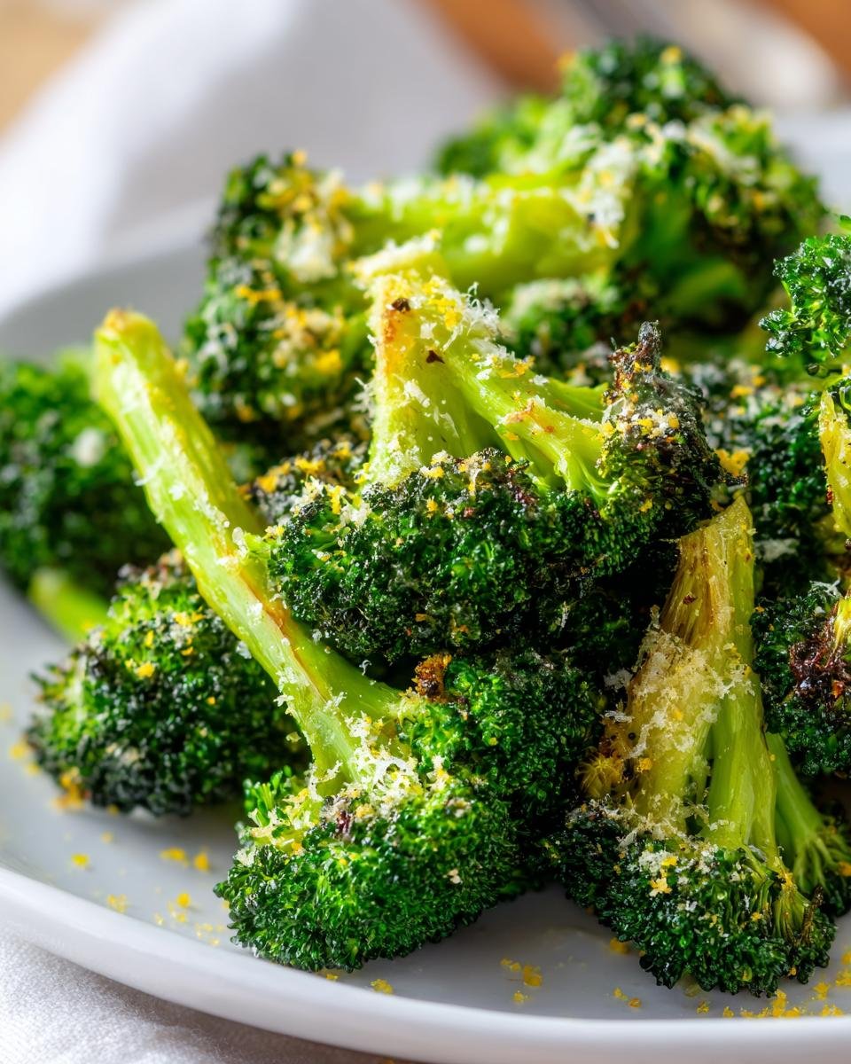 Close-up of Delicious Roasted Broccoli With Lemon Parmesan on a white plate, sprinkled with cheese and lemon zest.