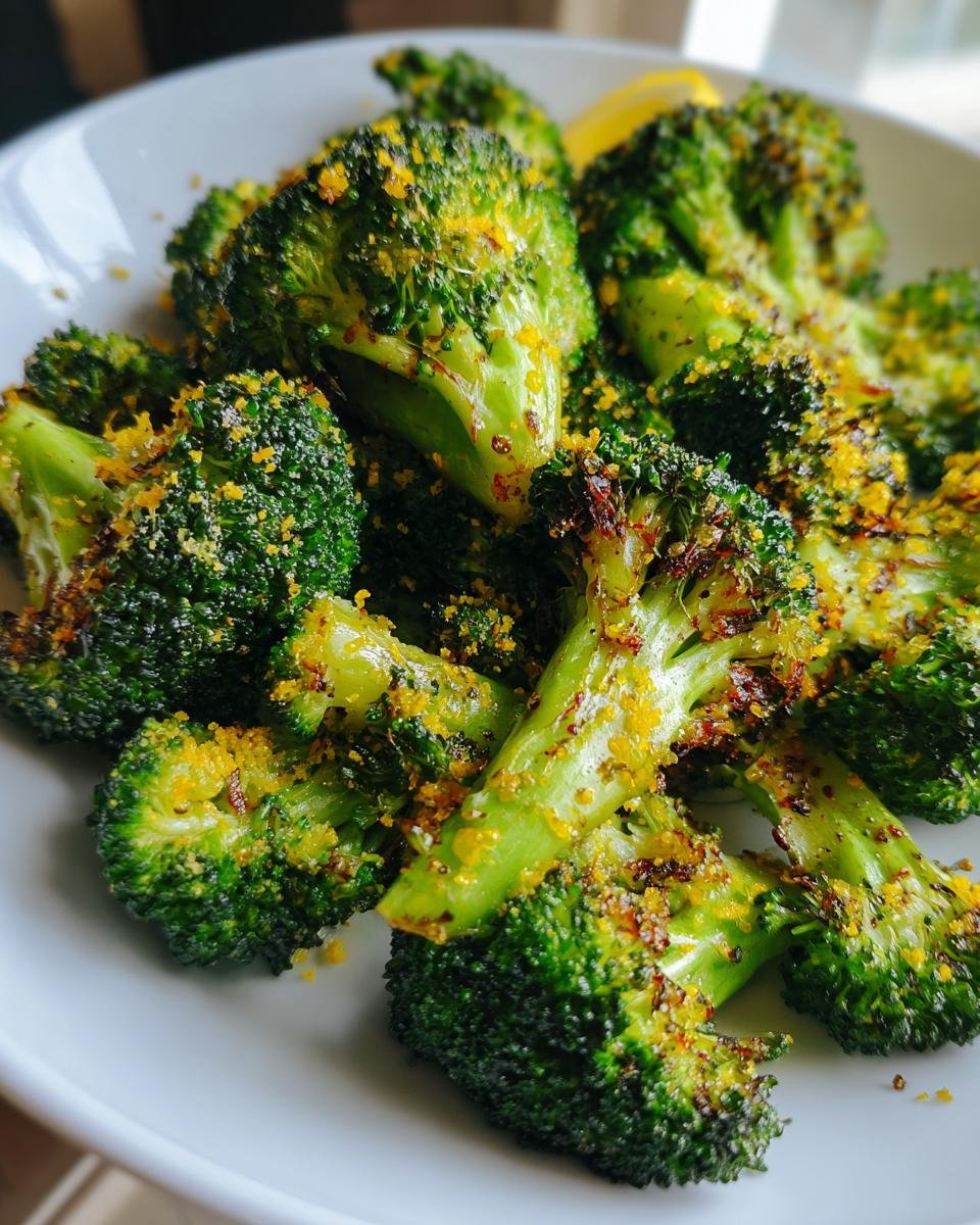 A close-up shot of Delicious Roasted Broccoli with Lemon Parmesan in a white bowl, showing tender florets seasoned with zest and cheese.