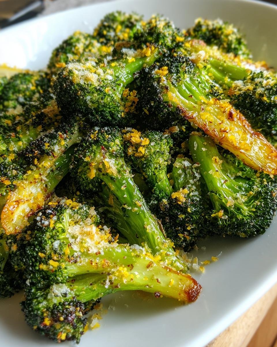 Close-up of Delicious Roasted Broccoli With Lemon Parmesan, showing florets and stems sprinkled with cheese and zest.