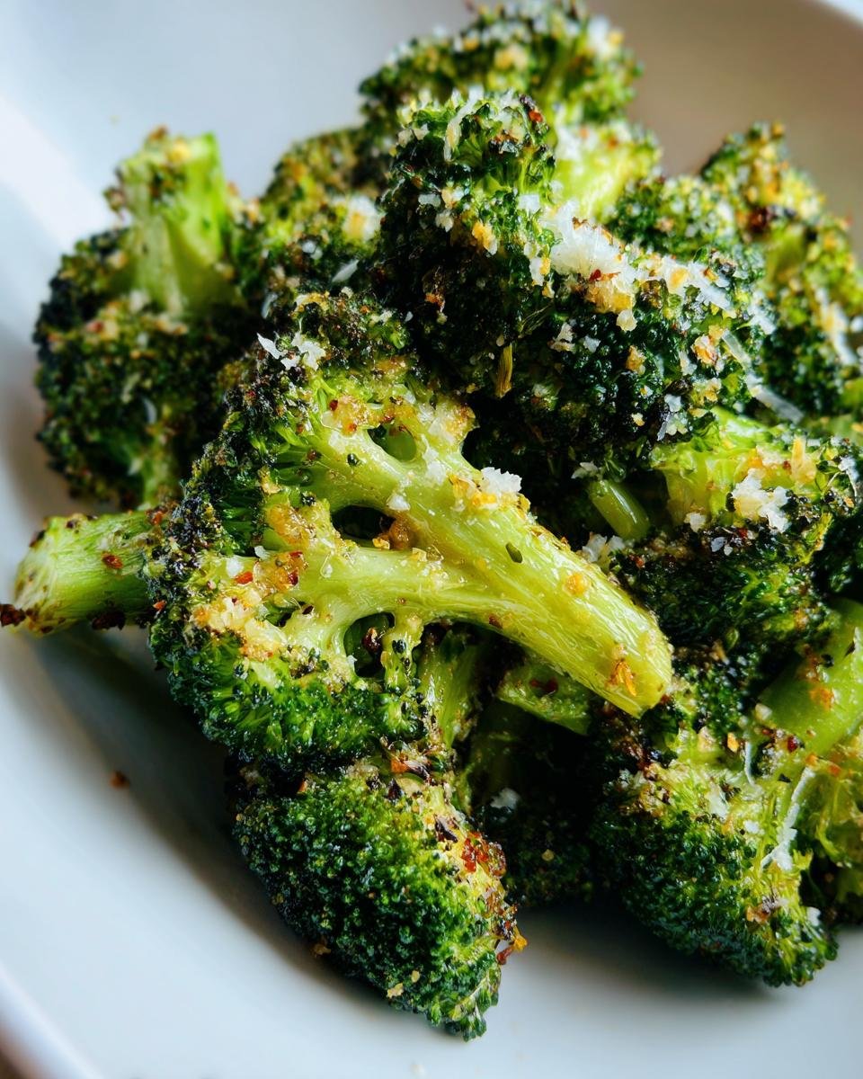 Close-up of Delicious Roasted Broccoli With Lemon Parmesan, showing florets coated in spices and cheese.