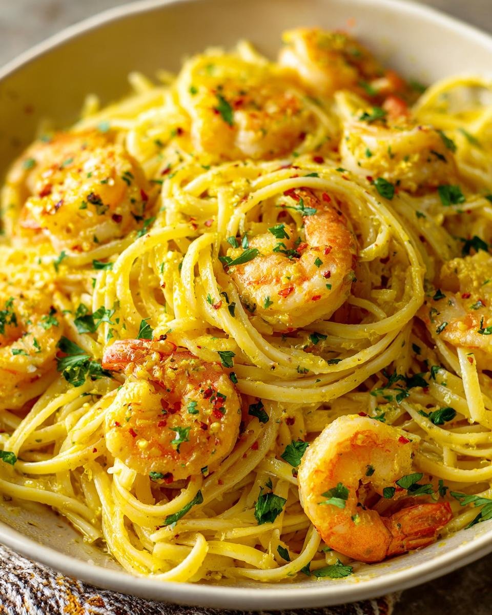 Close-up of Delicious Shrimp Pasta With Garlic Lemon Butter, garnished with parsley and red pepper flakes.