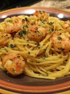 A close-up of Delicious Shrimp Pasta With Garlic Lemon Butter, featuring linguine noodles tossed in a creamy sauce with plump shrimp and fresh parsley.