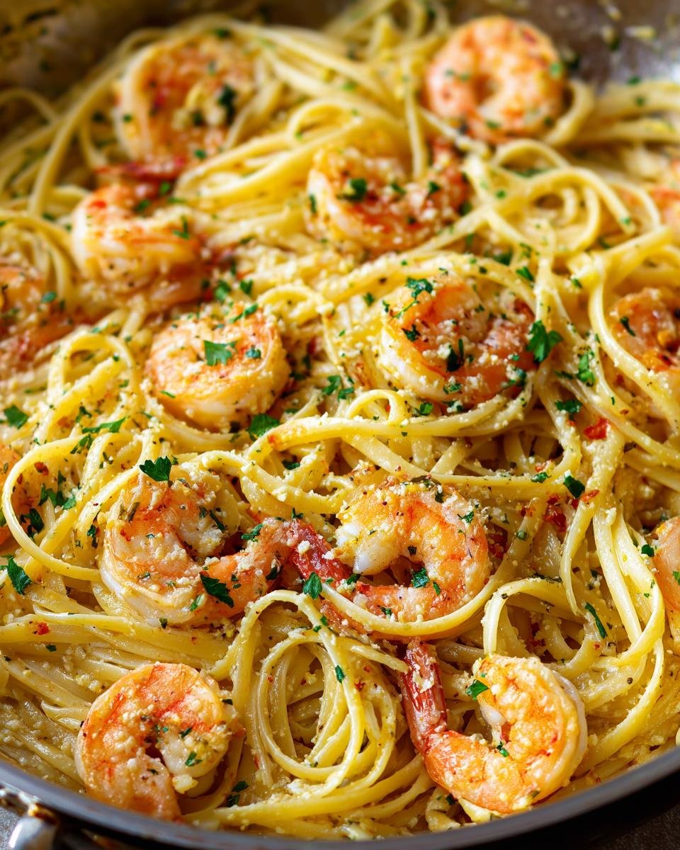 Close-up of Delicious Shrimp Pasta With Garlic Lemon Butter, featuring linguine noodles and plump shrimp.
