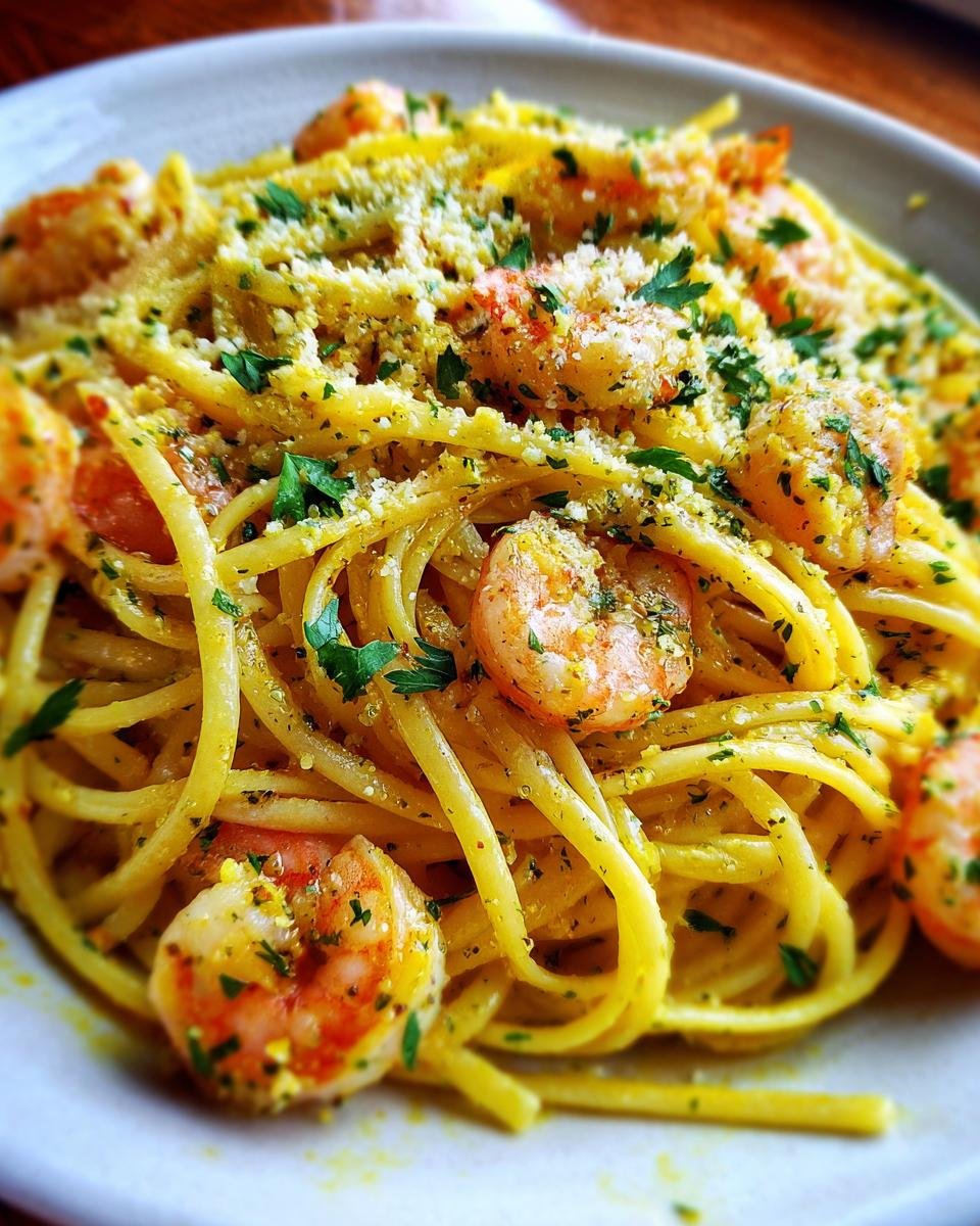 Close-up of Delicious Shrimp Pasta With Garlic Lemon Butter, topped with parsley and grated cheese.