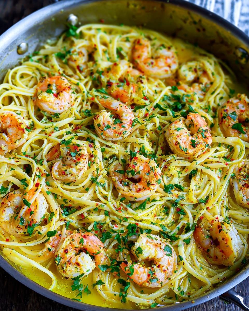 A close-up of Delicious Shrimp Pasta With Garlic Lemon Butter, featuring linguine, plump shrimp, and fresh parsley.