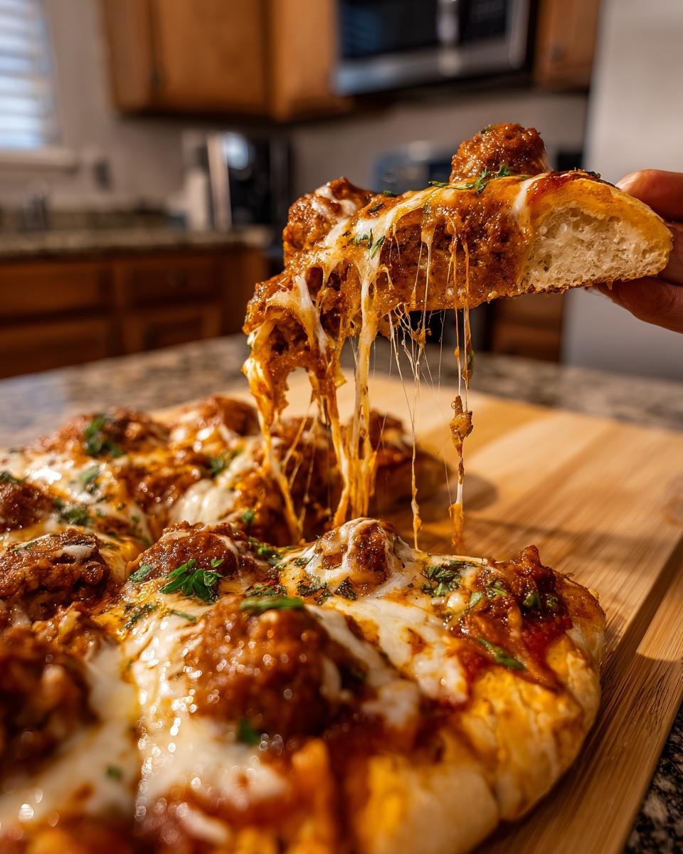A slice of Delicious Traeger Pizza Meatloaf Recipe is lifted, showing strings of melted cheese and meatballs.