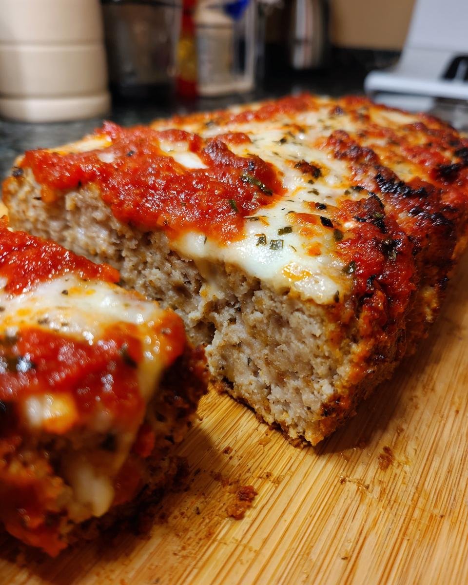 A close-up of a slice of Delicious Traeger Pizza Meatloaf, topped with melted cheese and marinara sauce.