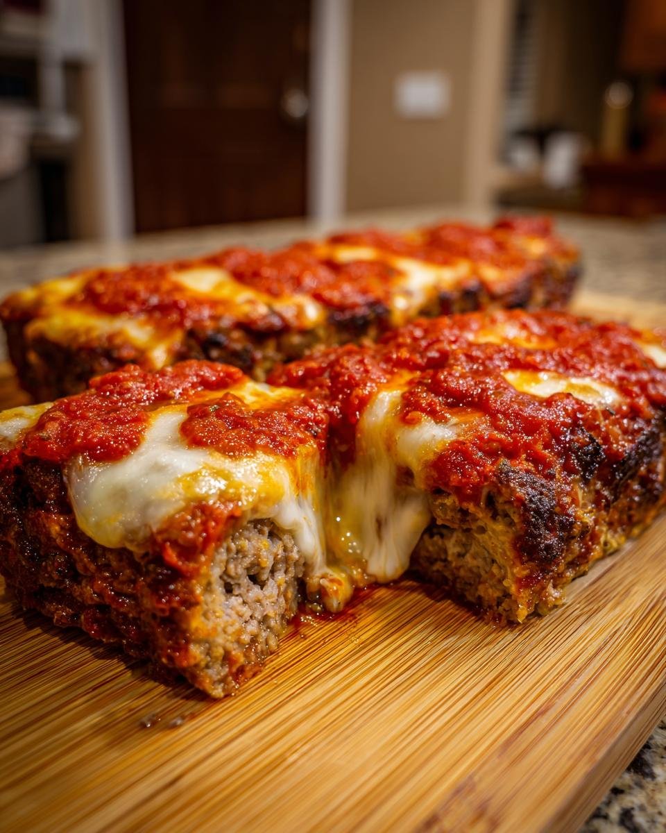 Close-up of a slice of Delicious Traeger Pizza Meatloaf Recipe, topped with melted cheese and marinara sauce.