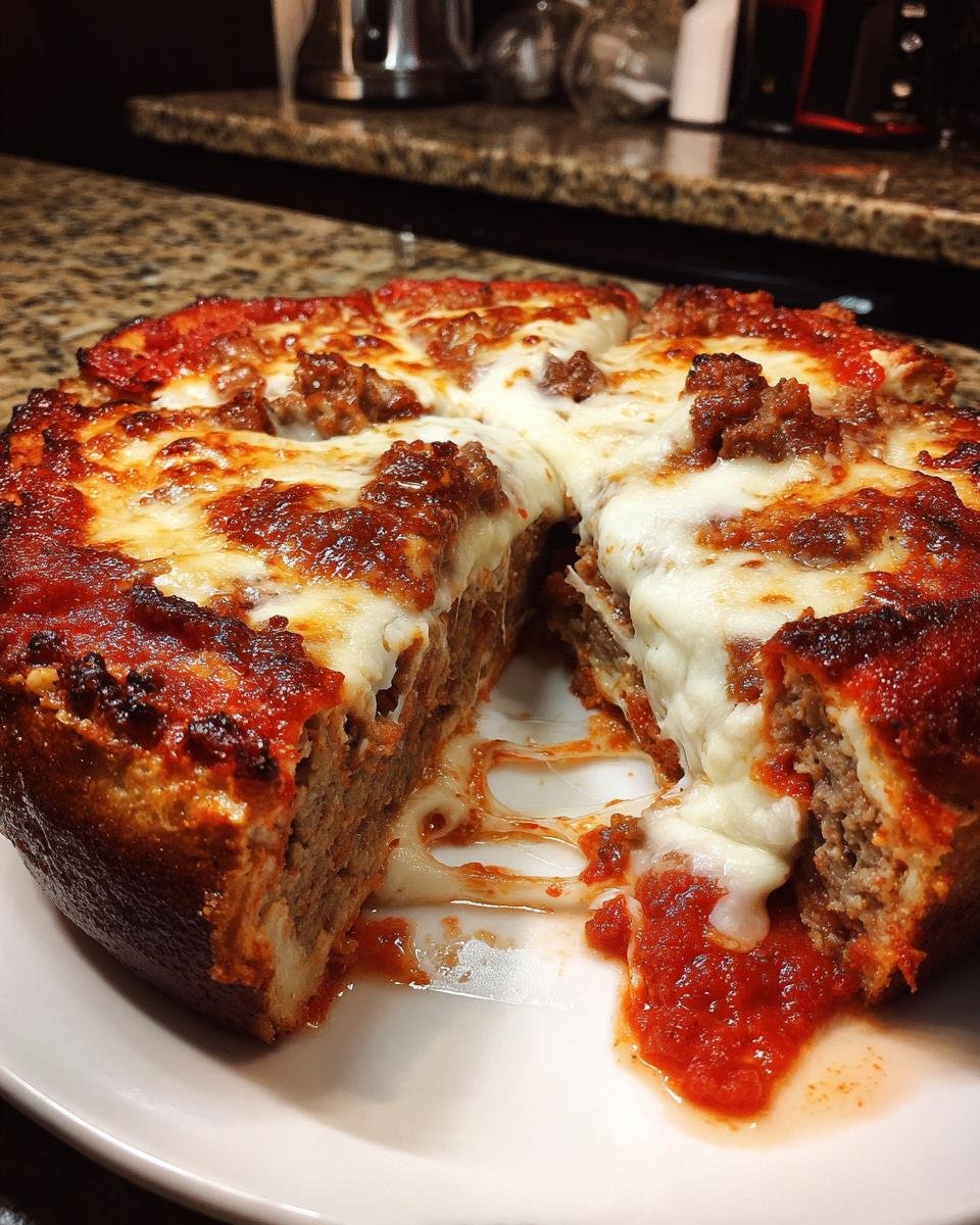 A slice of Delicious Traeger Pizza Meatloaf Recipe, showing layers of meatloaf, cheese, and marinara sauce.