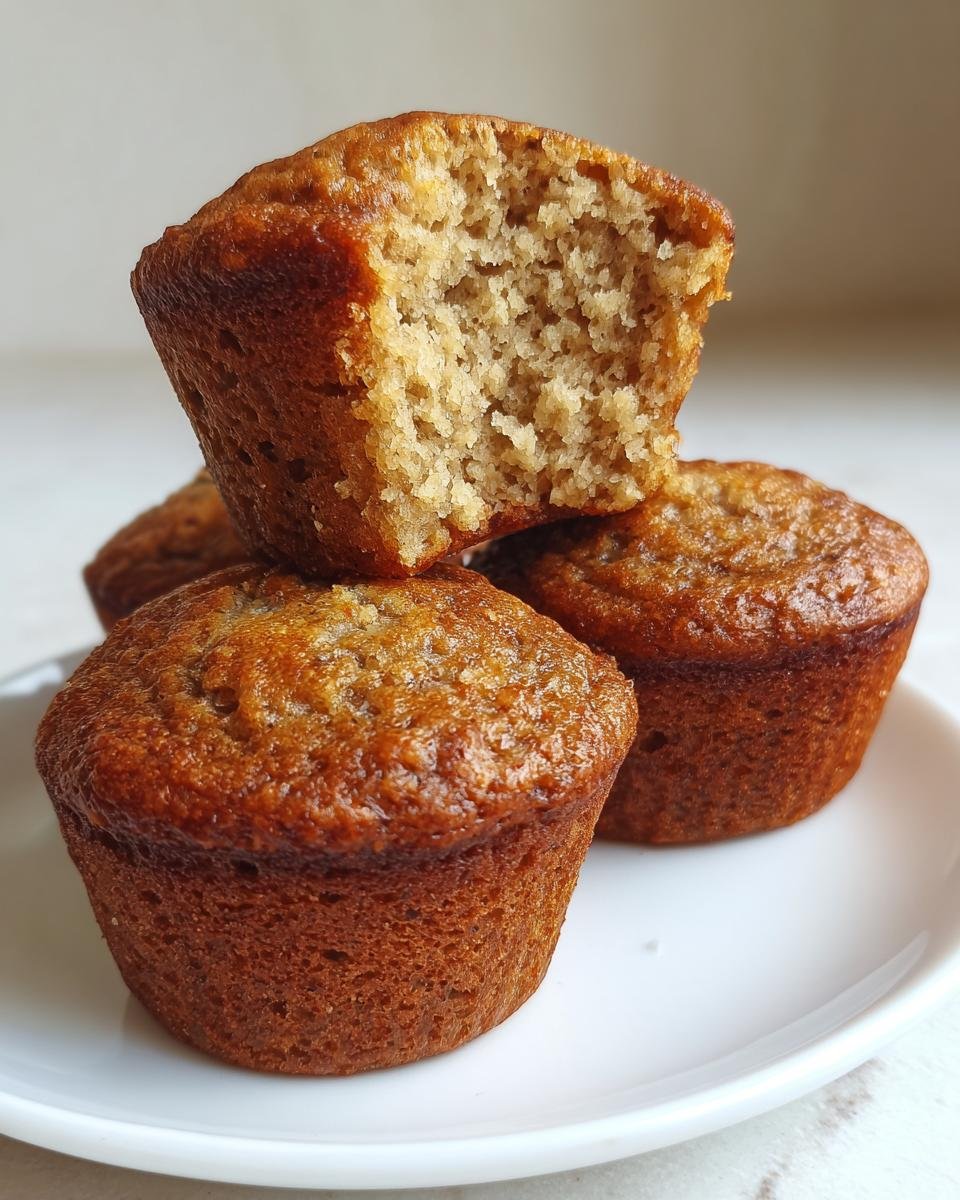 A stack of Delightful Fathers Day Banana Muffins, with one muffin broken in half to show the texture.