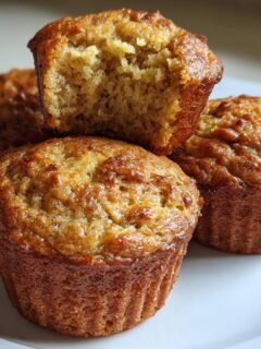 A stack of Delightful Fathers Day Banana Muffins on a white plate, one muffin is bitten.