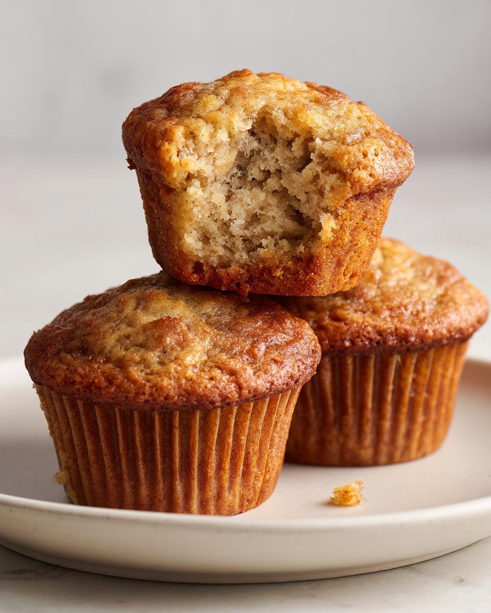 A stack of three Delightful Fathers Day Banana Muffins, with the top one having a bite taken out.