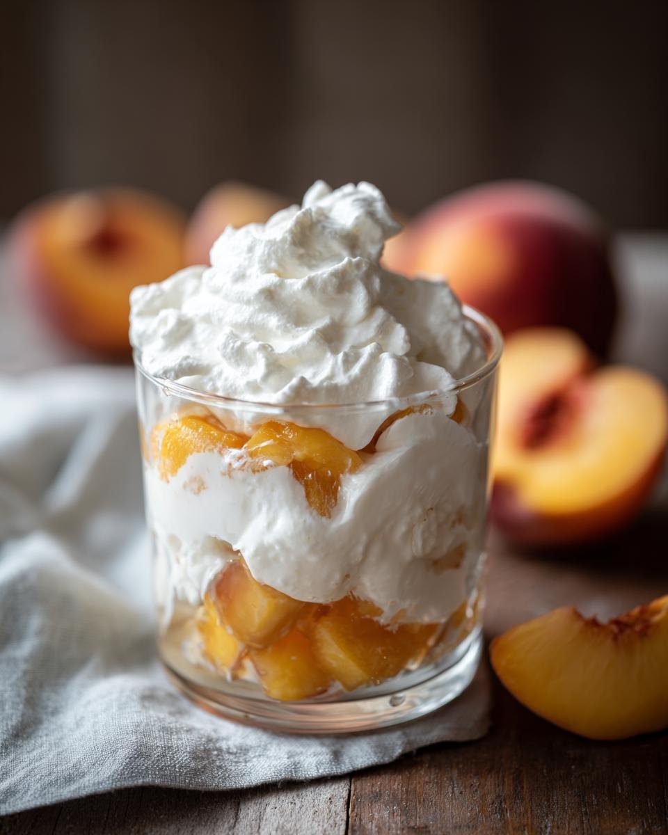 A glass filled with layers of fresh peaches and whipped cream, a delightful peaches and cream summer treat.
