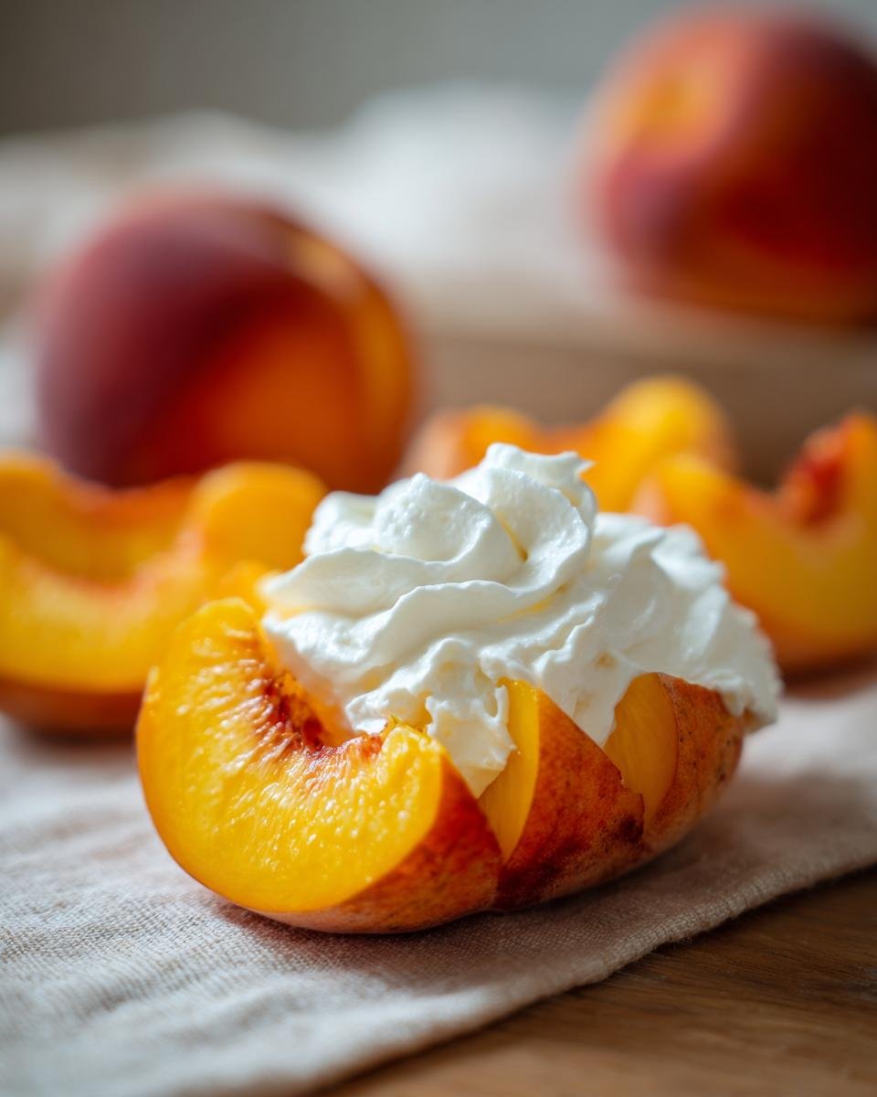 A close-up of a halved peach filled with whipped cream, surrounded by peach slices. A Delightful Peaches and Cream Summer Treat.