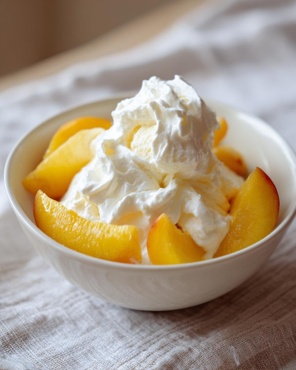 A bowl of sliced peaches topped with whipped cream, a delightful peaches and cream summer treat.