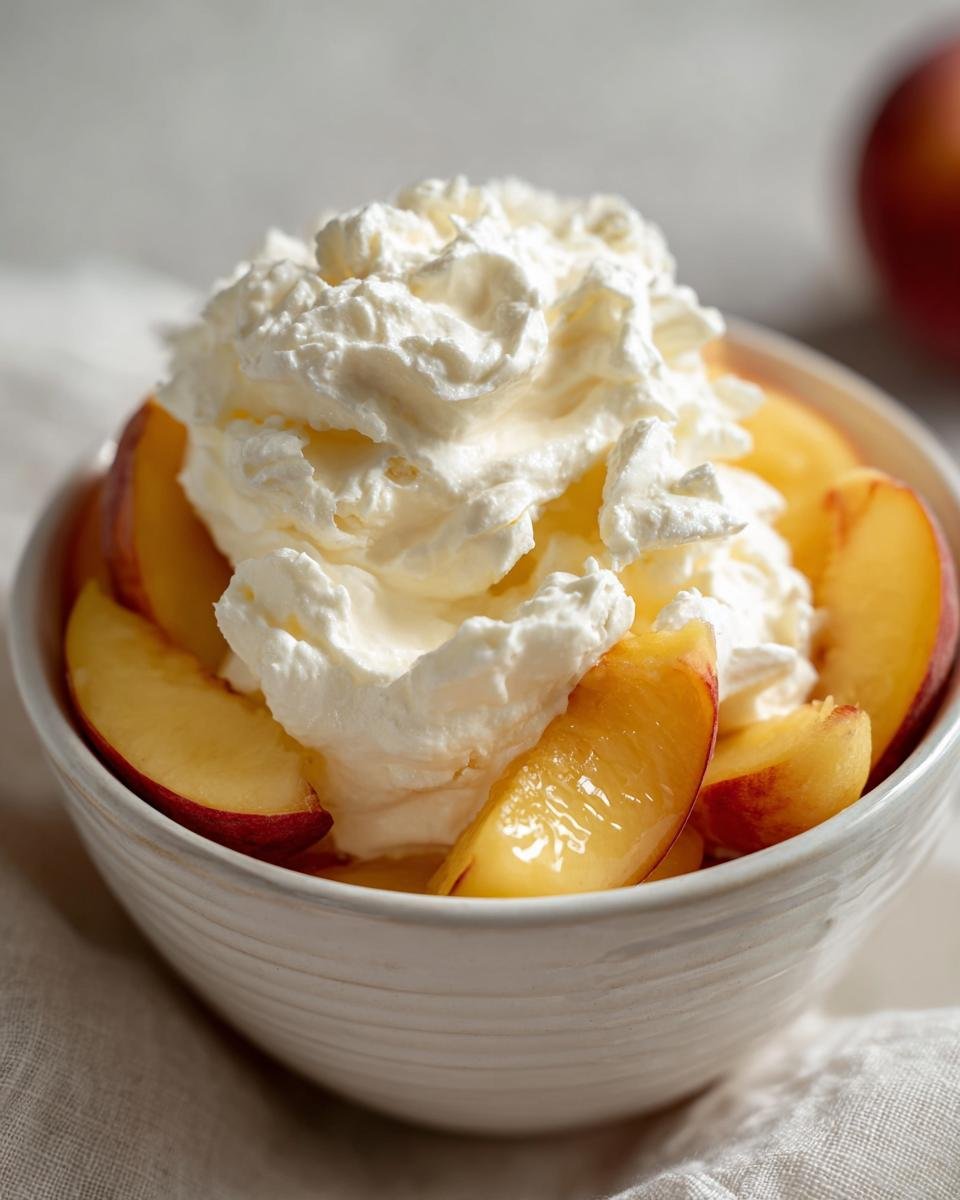 A bowl of sliced peaches topped with whipped cream, a delightful peaches and cream summer treat.