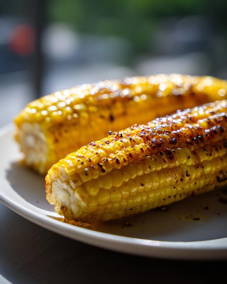 Close-up of two ears of perfectly cooked Easy Microwave Corn On The Cob on a white plate, glistening with butter and spices.