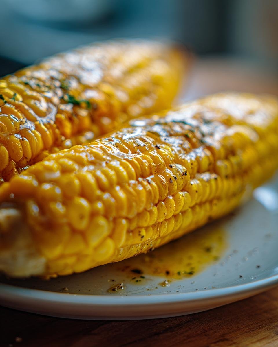 Close-up of two ears of buttery, seasoned Easy Microwave Corn On The Cob on a white plate.