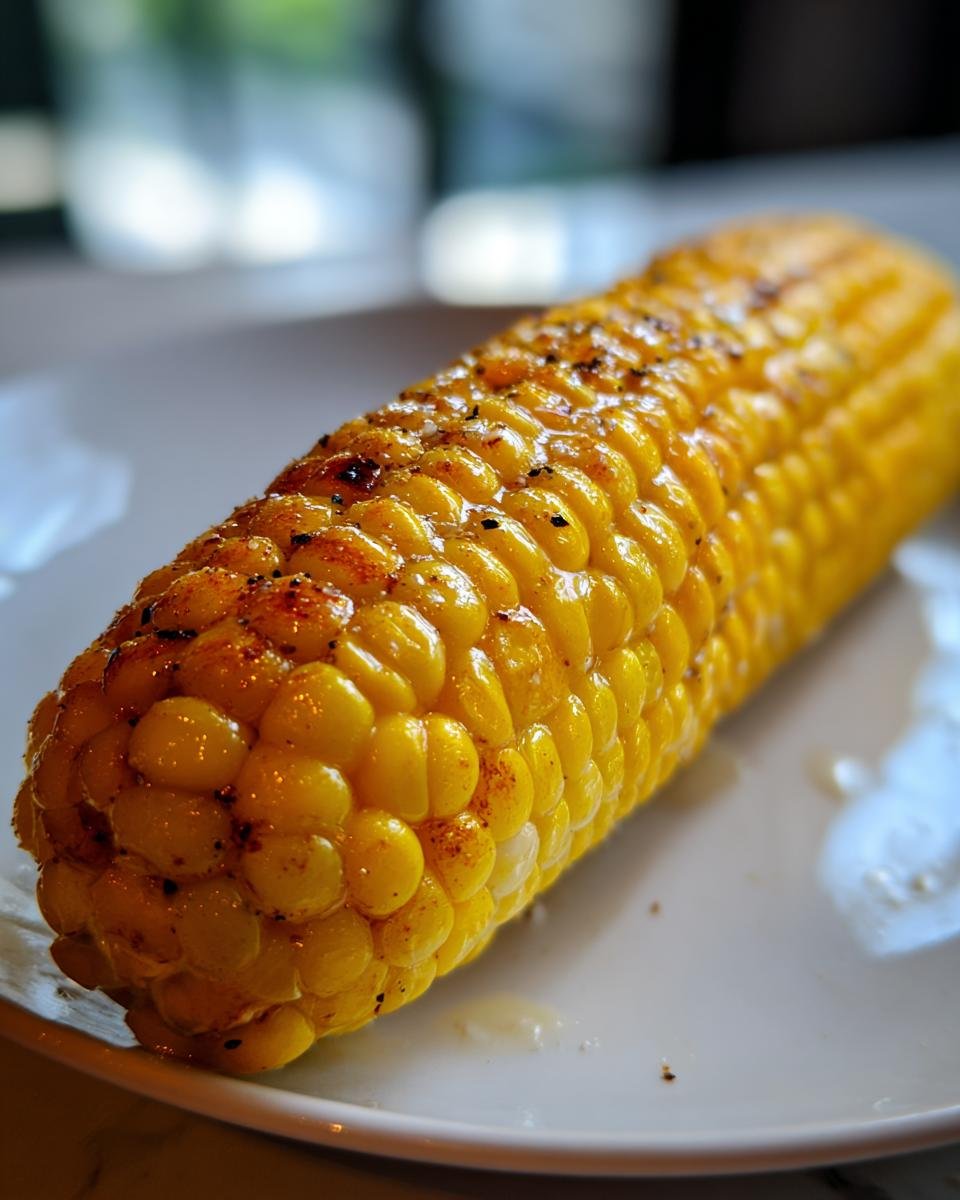 Close-up of a perfectly cooked ear of easy microwave corn on the cob, seasoned with spices.