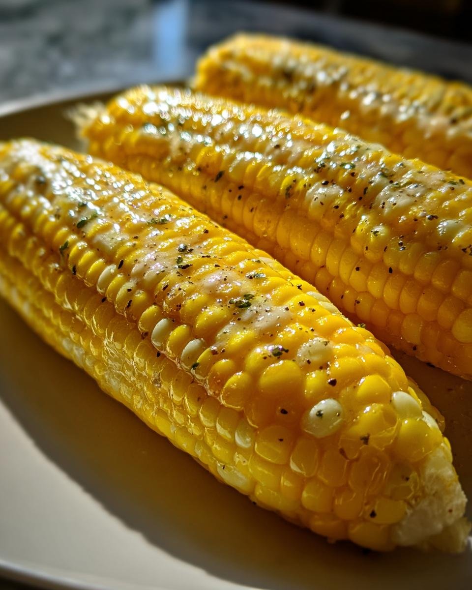 Close-up of three ears of Easy Microwave Corn On The Cob, glistening with melted butter and sprinkled with herbs and pepper.