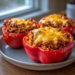 Close-up of three Easy Stuffed Bell Peppers filled with seasoned meat and rice, topped with melted golden cheese.