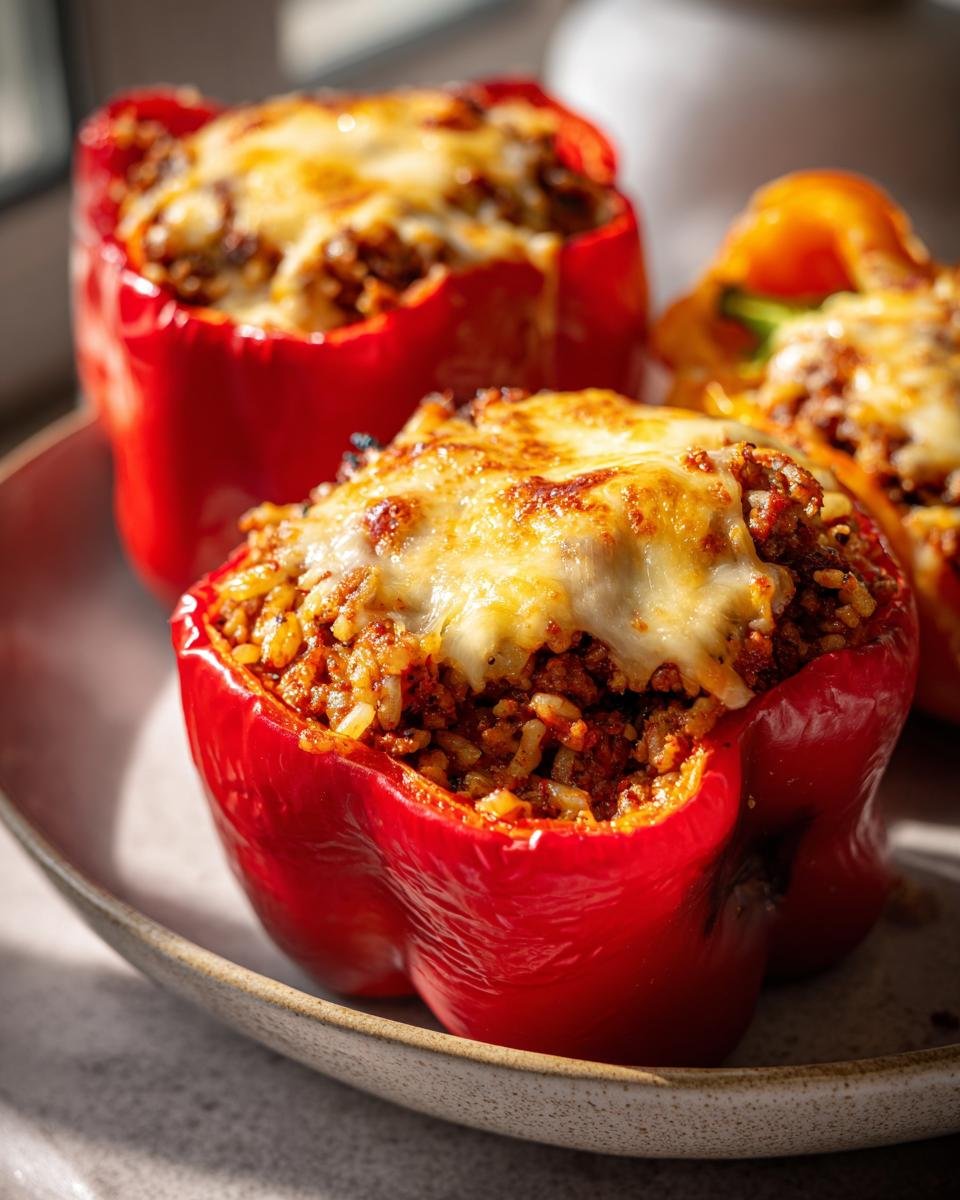 Close-up of three Easy Stuffed Bell Peppers, two red and one orange, filled with a savory mixture and topped with melted, golden-brown cheese.