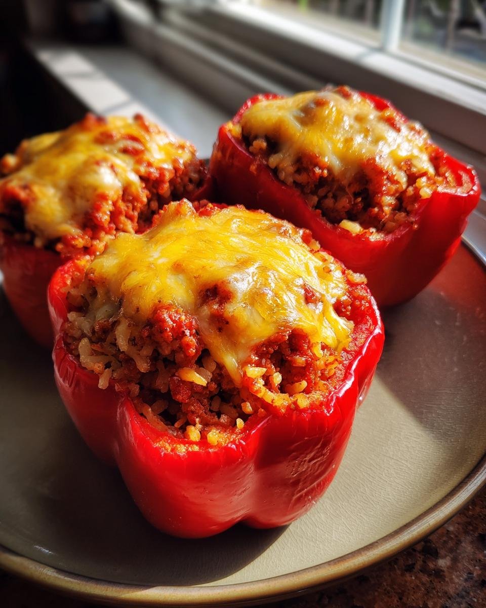 Three vibrant red stuffed bell peppers topped with melted golden cheese, ready to be served.