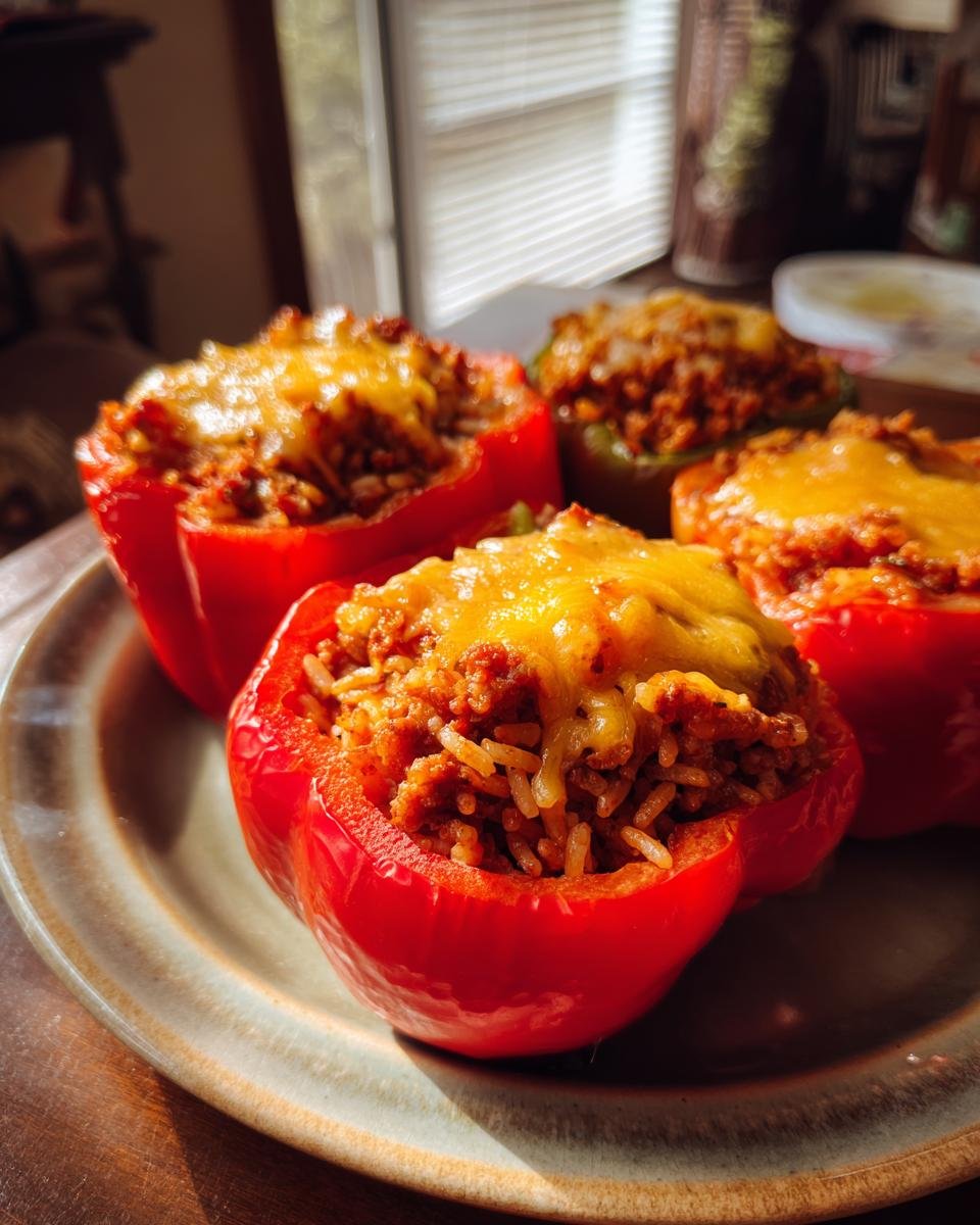 Close-up of four Easy Stuffed Bell Peppers, topped with melted cheddar cheese and filled with a savory meat and rice mixture.