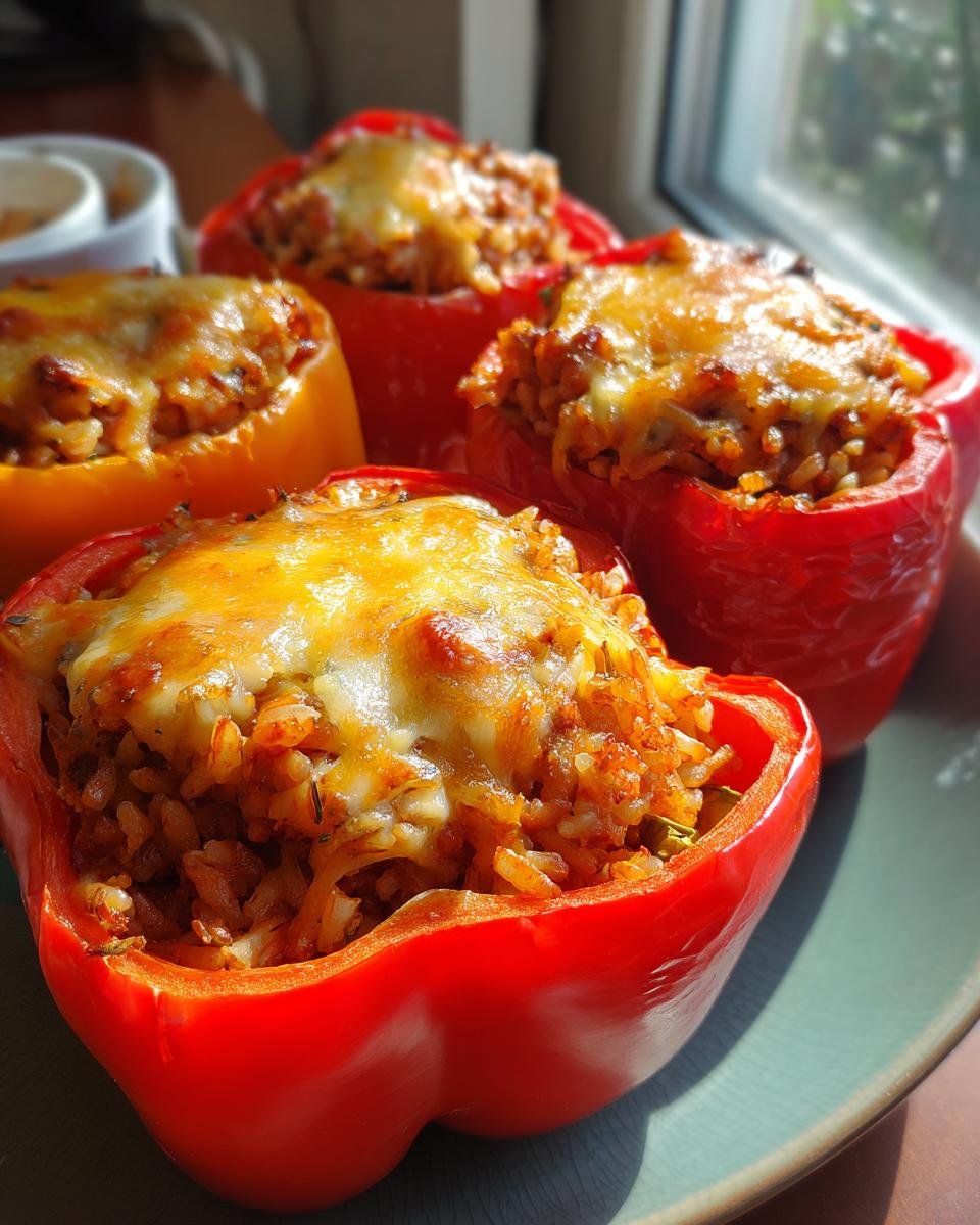 Close-up of baked Easy Stuffed Bell Peppers topped with melted cheese, showing a savory rice and meat filling.