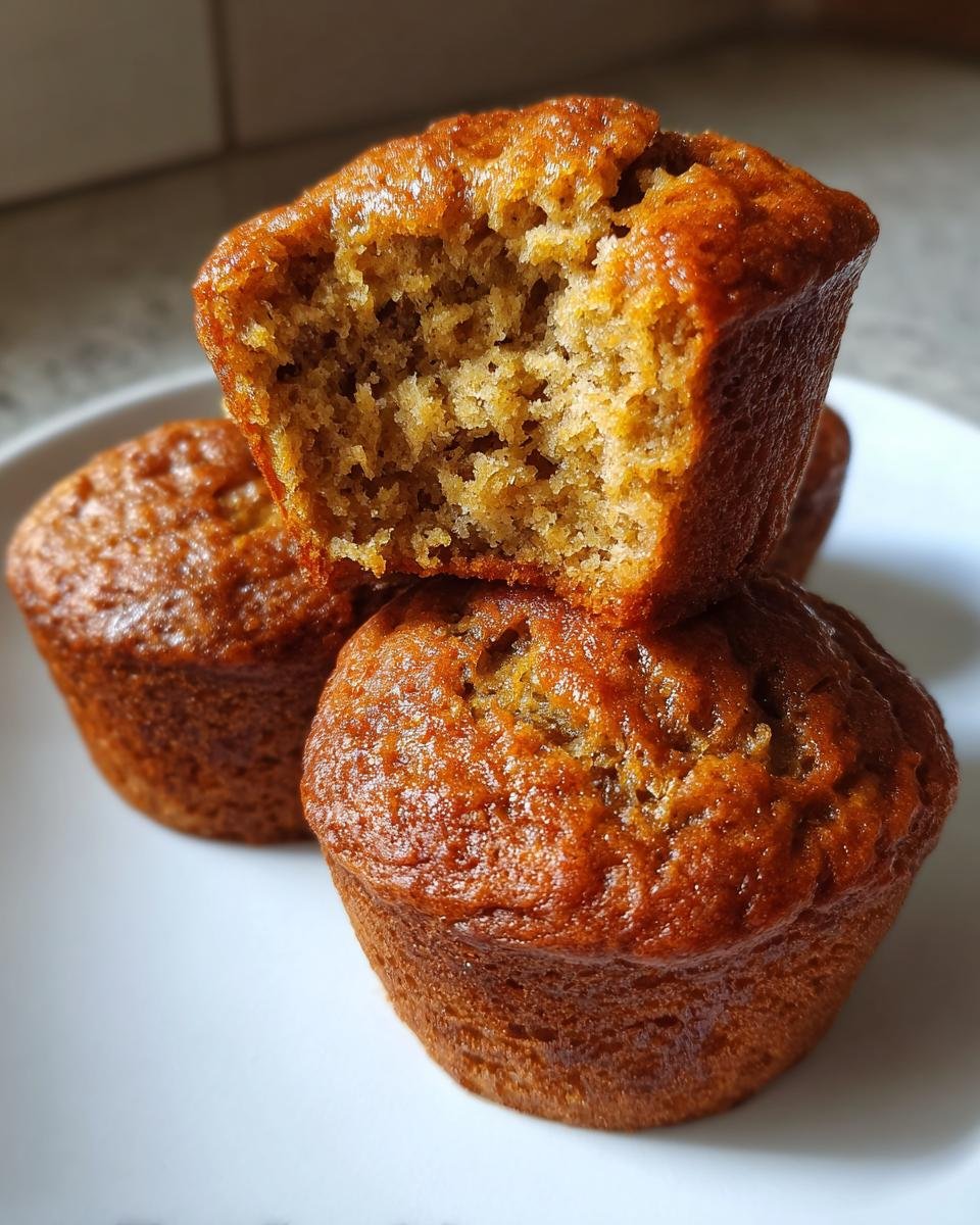 A stack of three Delightful Fathers Day Banana Muffins on a white plate, one muffin broken open to show its texture.