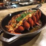 A perfectly cooked lobster tail, broiled and garnished with parsley, served in a cast iron skillet with melted butter.