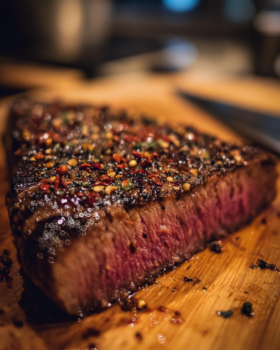 A perfectly cooked, juicy steak with a spicy crust, ideal for Fathers Day cheap dinner ideas.