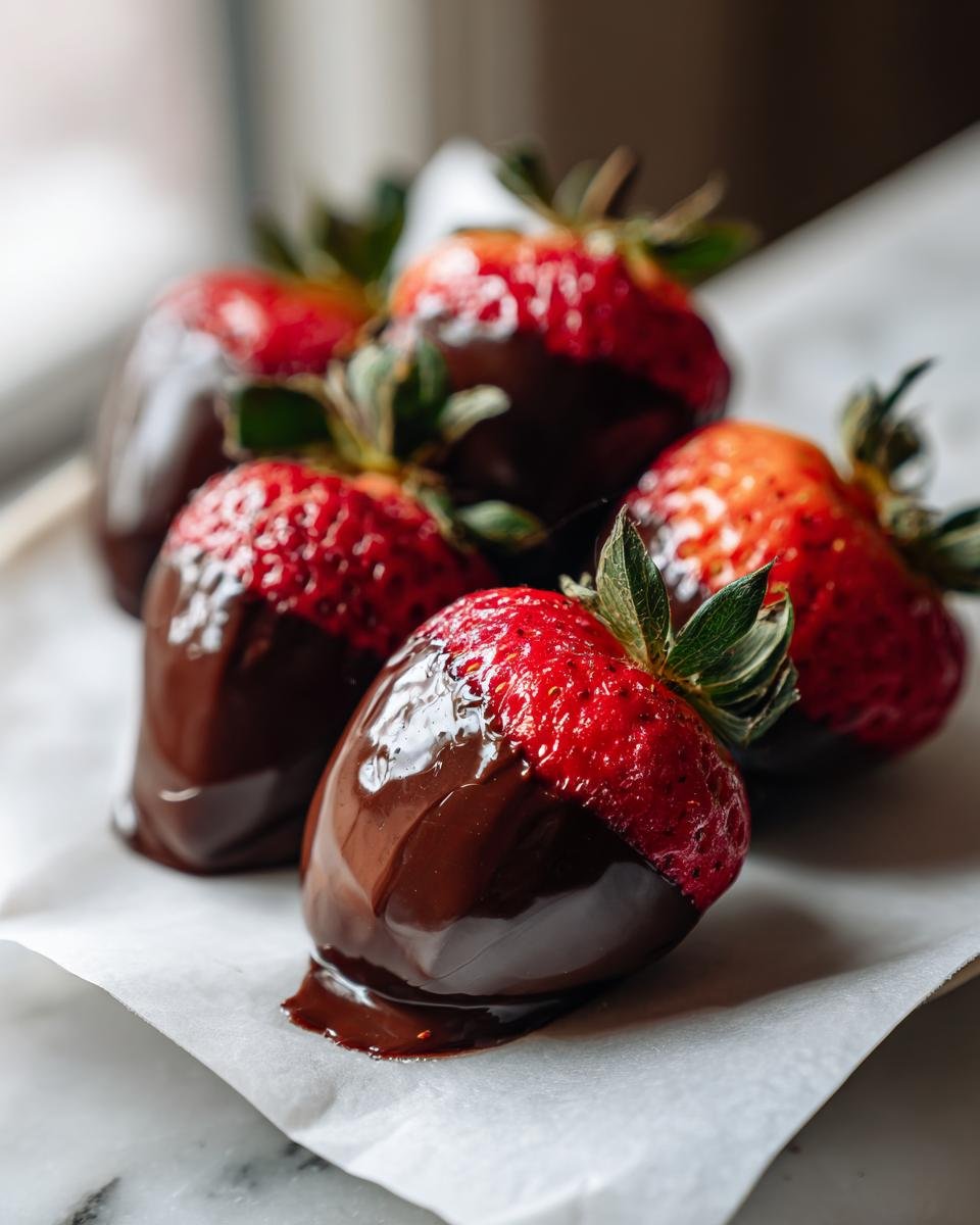 Close-up of Fathers Day Chocolate Covered Strawberries, with rich dark chocolate coating fresh red strawberries.