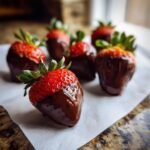Close-up of Fathers Day chocolate covered strawberries with fresh green stems on parchment paper.