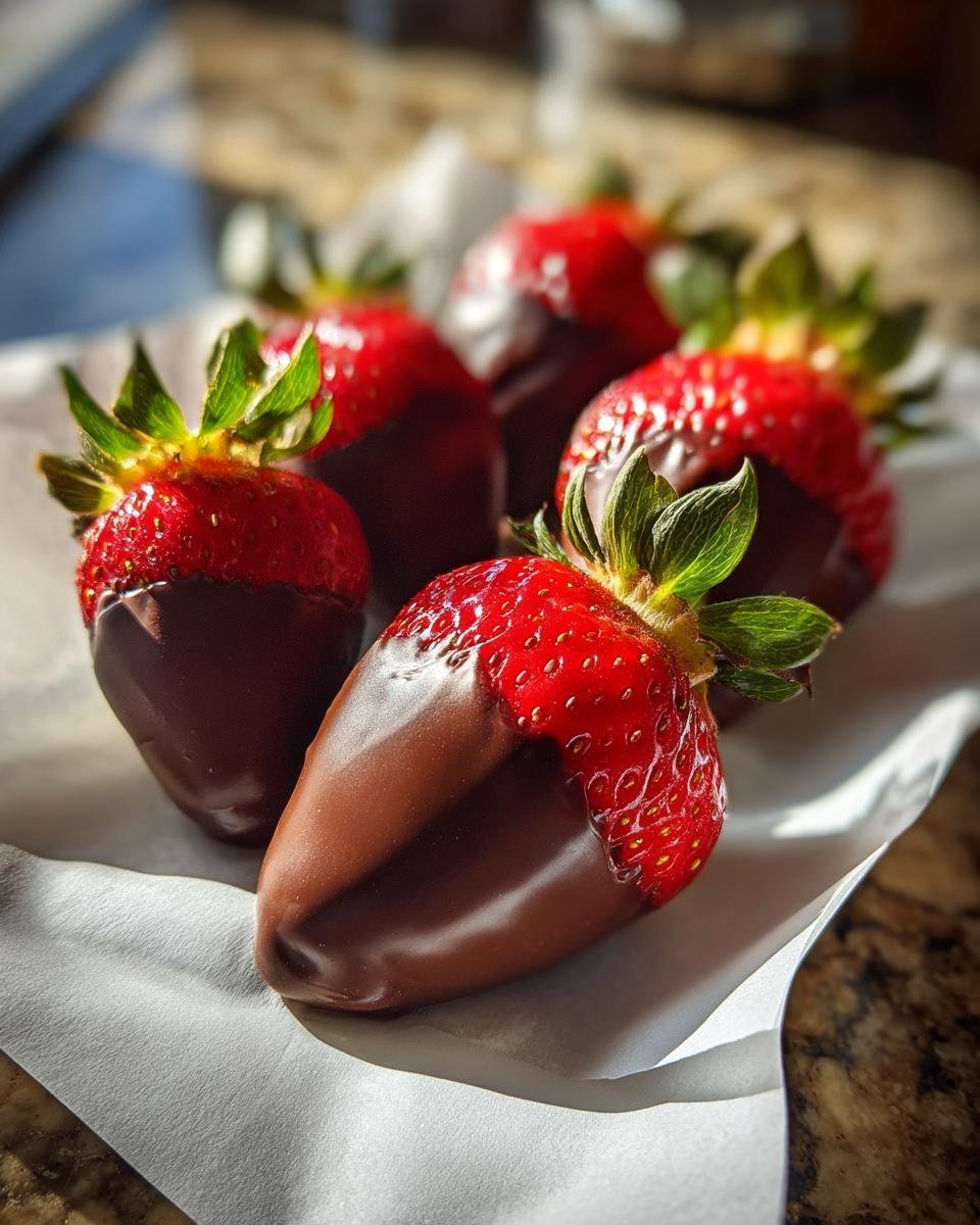 Close-up of Fathers Day Chocolate Covered Strawberries, showcasing rich dark chocolate coating on ripe red strawberries.