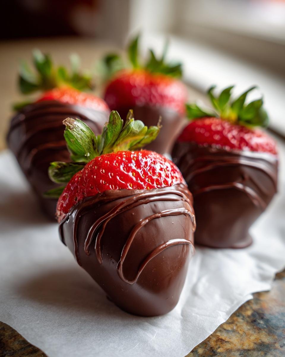 Close-up of Fathers Day Chocolate Covered Strawberries with drizzles of chocolate.