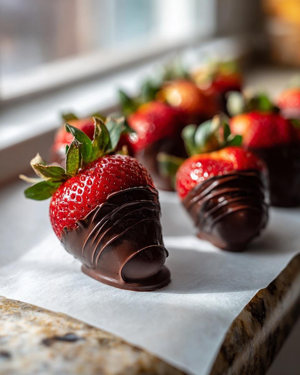 Close-up of a Fathers Day chocolate covered strawberry with dark chocolate drizzle, fresh green leaves visible.