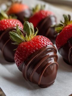 Close-up of Fathers Day chocolate covered strawberries, drizzled with dark chocolate.