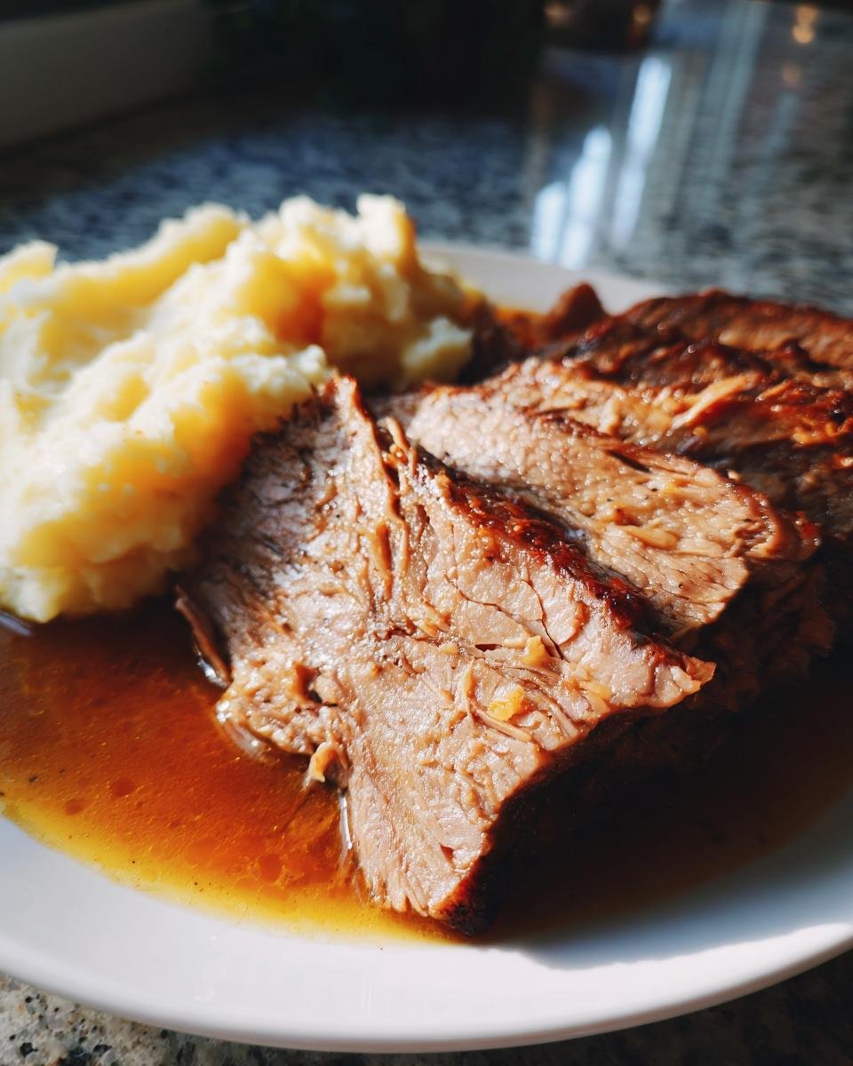 Close-up of tender sliced pot roast with rich gravy and creamy mashed potatoes, perfect for Father's Day.