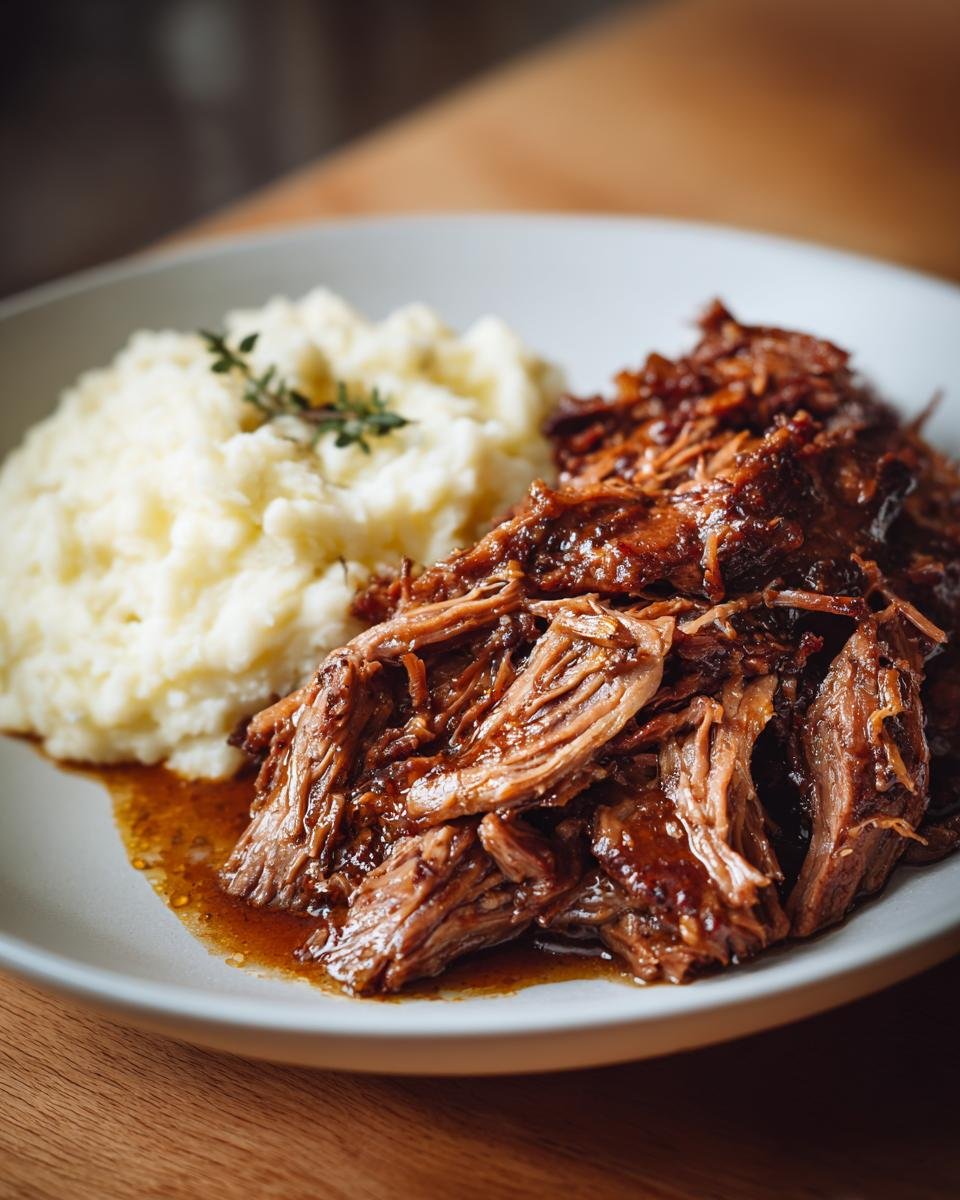 Close-up of tender pulled pork with rich sauce served alongside creamy mashed potatoes, perfect for Fathers Day.